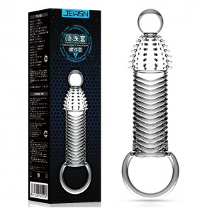 JEUSN - Crystal Penis Sleeve With Ball Strap Ribbed Type (L:13.5cm - D:3.9cm)